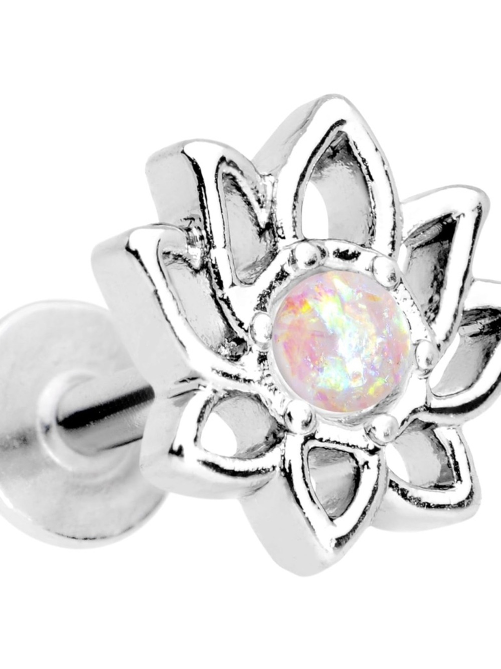 Boho Iridescent White Accent Lotus Flower Tragus/Cartilage Earring 16 Gauge 1/4”